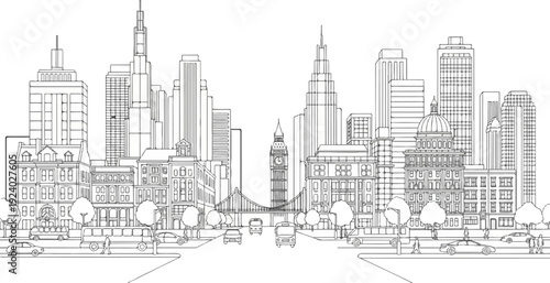 Stylized line drawing of a bustling city street with diverse architecture and vehicles