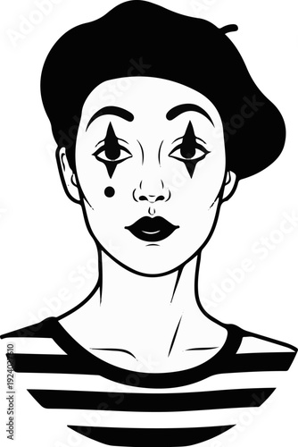 Stylized portrait of a mime with dramatic makeup and striped shirt
