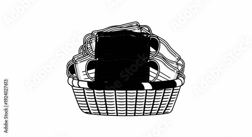 Woven basket overflowing with stacked protective face masks, some dark