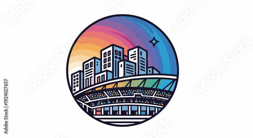 Stylized stadium and city skyline against a vibrant, colorful sky