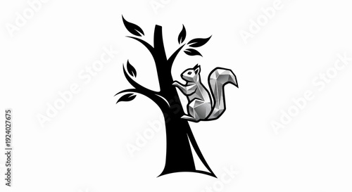 Stylized squirrel on a black tree with abstract leaves, graphic art