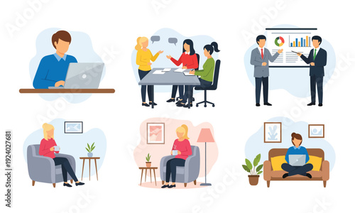 Illustrations of people working in various office settings and at home