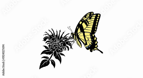 Yellow butterfly with black markings rests on a dark, intricate flower