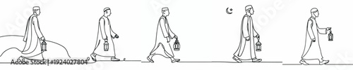 line art of a Muslim man walking carrying a Ramadan lantern