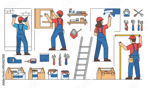 Illustration of a person performing various diy tasks and home repairs