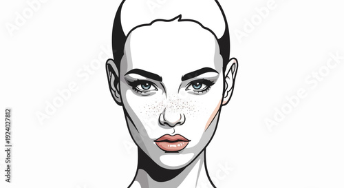 Stylized portrait of a woman with freckles and striking blue eyes