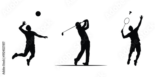 Three black silhouettes of people playing sports with balls