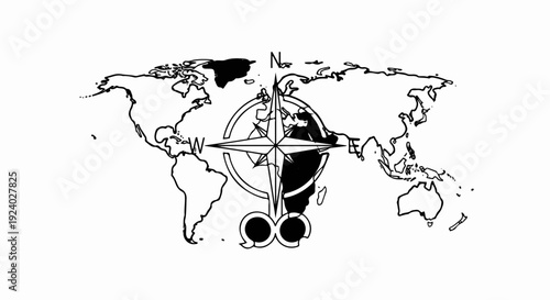 Stylized world map with compass rose and infinity symbol below