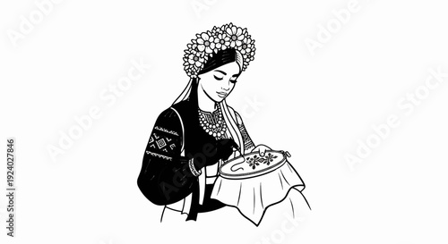 Woman in embroidered blouse and floral wreath embroiders with focus