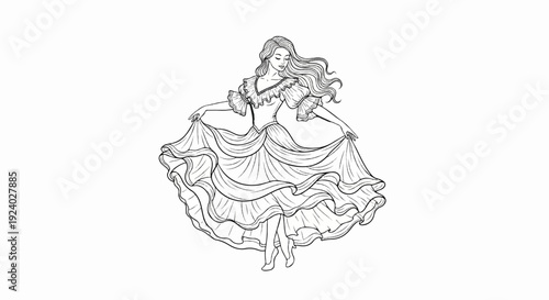 Woman in flowing gown, dancing with graceful movement and elegant attire
