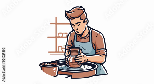 Young man in apron skillfully shaping clay on a pottery wheel