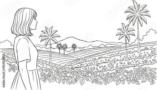 Woman gazes at a bountiful farm with rolling hills and palm trees
