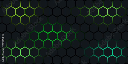 Dark technology hexagonal vector abstract background. Green bright energy flashes under hexagon in dark technology futuristic modern background vector illustration. Gray honeycomb texture grid.
