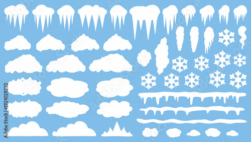 Collection of winter elements icicles snowflakes and fluffy clouds