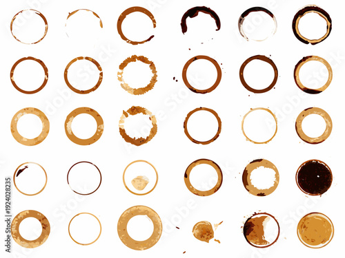 Collection of coffee rings and stains in varying shades and sizes
