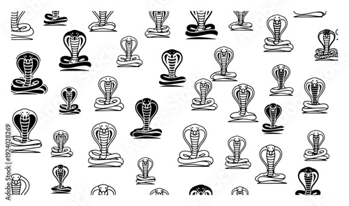 King cobra snake silhouettes and line art icons set for wildlife logos and designs