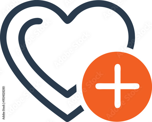 Dark navy heart icon with orange plus sign represents adding a favorite thing