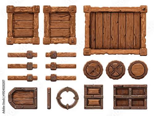 Collection of wooden crates planks and circular elements