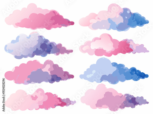Watercolor clouds in shades of pink purple and blue arranged on white