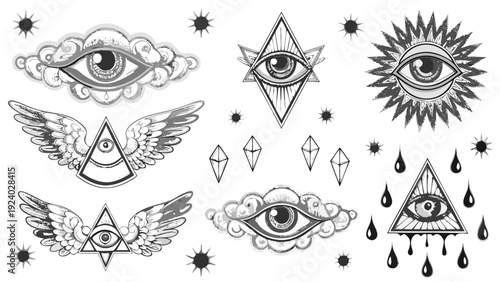 Mystical eyes geometric shapes and wings in a black and white illustration