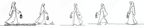 line art of a Muslim woman walking carrying a Ramadan lantern