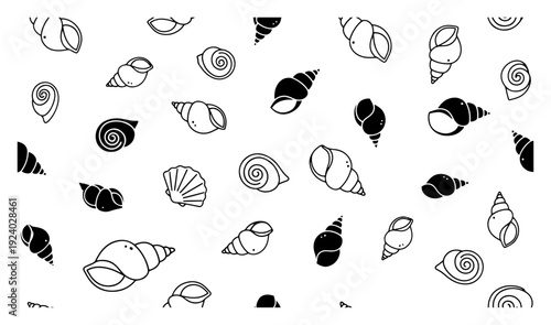 Minimalist seamless pattern of various sea shells in black line art style