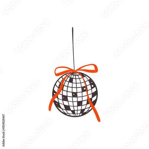 Doodle disco ball with coquette whimsical bow drawing. Night club dancing concept. Bachelorette party, girly birthday, casino decoration. Globe shape glitter mirror ball hand drawn line art sketch