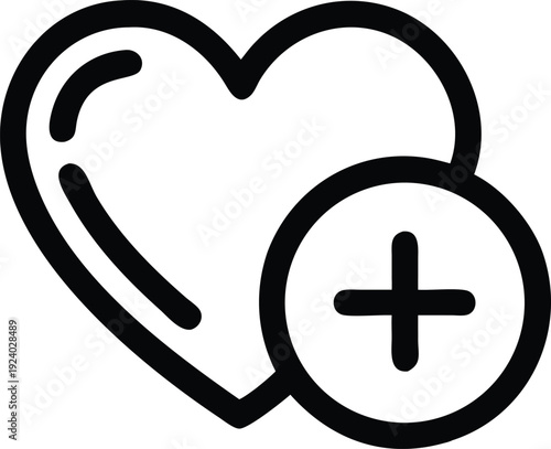 A bold line drawing shows a heart icon with a plus symbol beside it