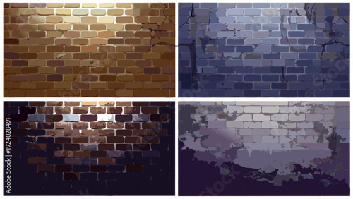 Four brick wall panels with varying colors and lighting effects