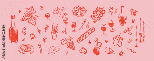 Set of hand drawn chalk crayon sketch Italian, French, Greek wine and food elements. Bachelorette party, wedding, girly birthday pencil drawing background. Cheese and wine coquette night