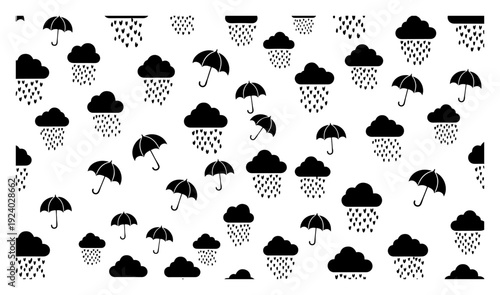 Seamless weather pattern with black cloud raindrops and umbrella silhouettes