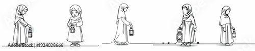 line art of a Muslim little girl standing carrying a Ramadan lantern