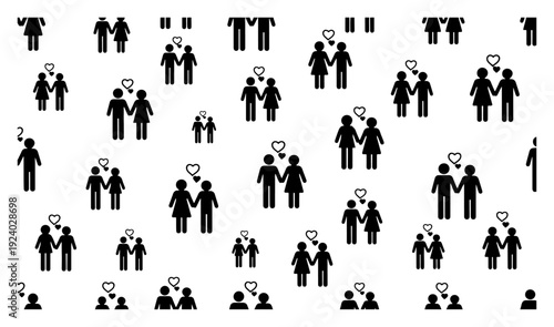 Seamless pattern of romantic couple silhouettes with hearts for wedding and dating designs