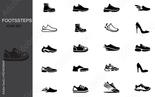 A collection of black silhouette icons depicting various types of footwear
