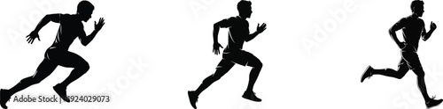Three black silhouettes of men running in different poses on a white background
