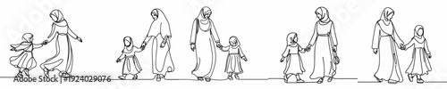line art of a Muslim mother and daughter walking hand in hand