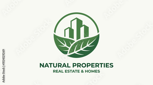 This eco-friendly logo displays urban buildings amidst leaves, representing the integration of nature and real estate, ideal for sustainable housing and property development businesses.