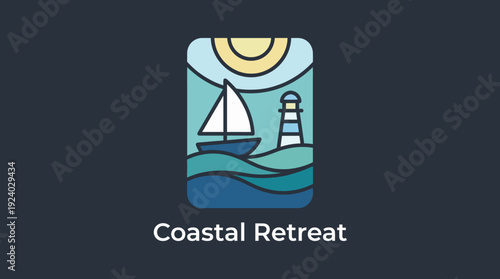 This image highlights a logo depicting a sailboat, waves, and a lighthouse under a sun, evoking coastal charm, ideal for marine or leisure business branding.