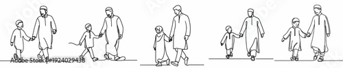 line art of a Muslim father and son walking hand in hand