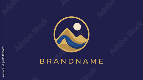 A visually captivating logo featuring mountains, water waves, and a bright sun, symbolizing nature, tranquility, and exploration for a modern brand identity.