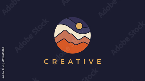 A creative logo showcasing layered mountains and sun, evoking feelings of adventure and artistic inspiration, suitable for brands in the creative industry.