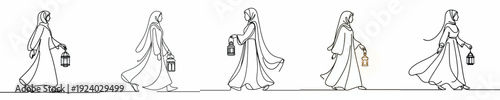 line art of a Muslim woman walking carrying a Ramadan lantern