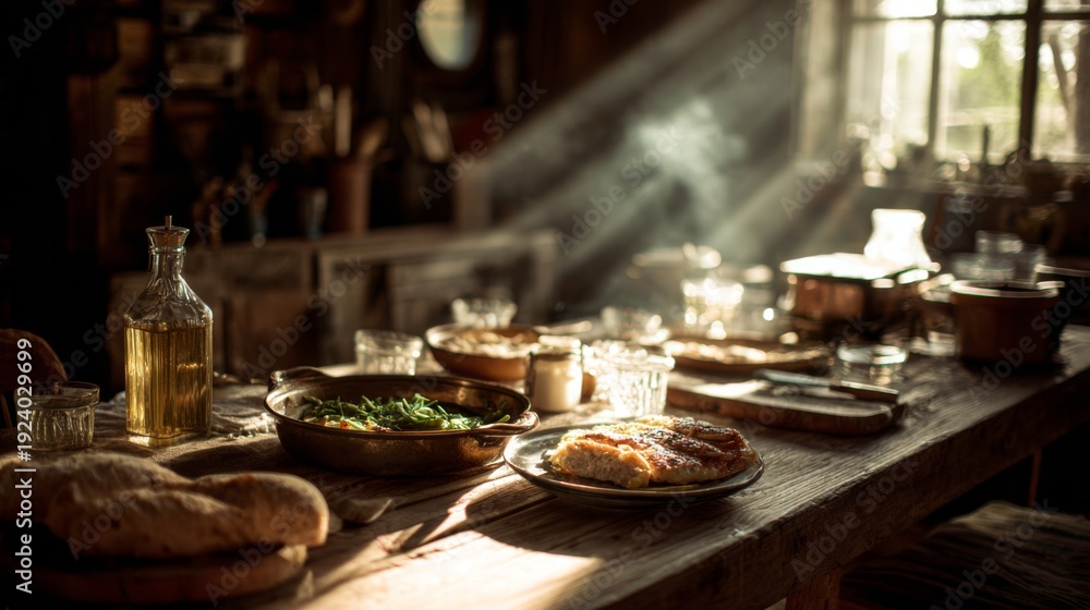 Fototapeta premium Rustic farmhouse kitchen table with homemade meal bathed in warm morning sunlight
