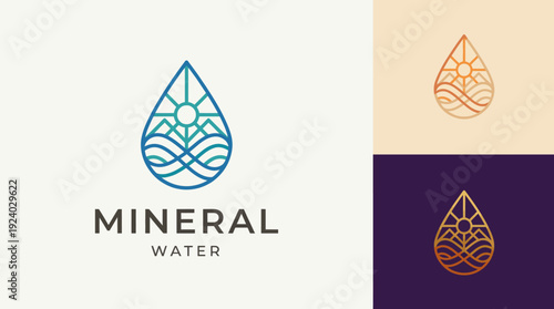 This artistic logo features a drop shape embellished with waves and sun, symbolizing purity and relaxation, perfectly tailored for a mineral water brand.