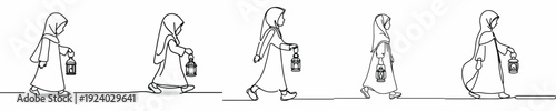 line art of a Muslim little girl walking carrying a Ramadan lantern
