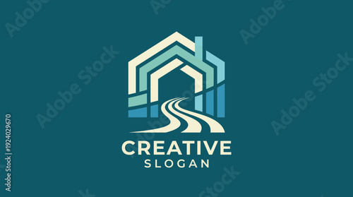 An elegant logo showcasing a house silhouette with a winding road, symbolizing creativity and the journey of home ownership in a modern design aesthetic.
