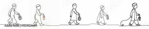 line art of a Muslim little boy walking carrying a Ramadan lantern