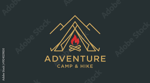 This logo represents adventure with stylized mountains, a campfire, and simple tent designs, ideal for outdoor adventure companies or camping organizations.