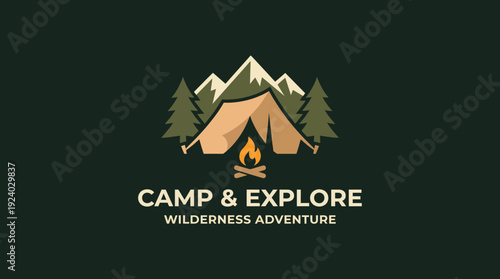 This logo conveys the spirit of camping and exploration, featuring a tent, fire, and towering trees, making it ideal for adventure tourism or outdoor event planning.