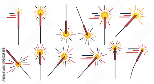 Patriotic firework icon set. Includes 10 sparkler icons. Created in colorful style with red, blue, and yellow palette.